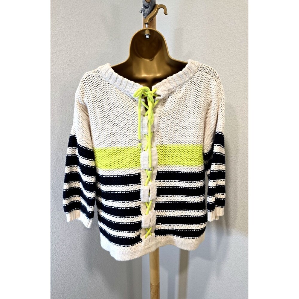 Handknit Pure Sweater M Back Lace Up Coastal Preppy Nautical Stripe Blue Yellow